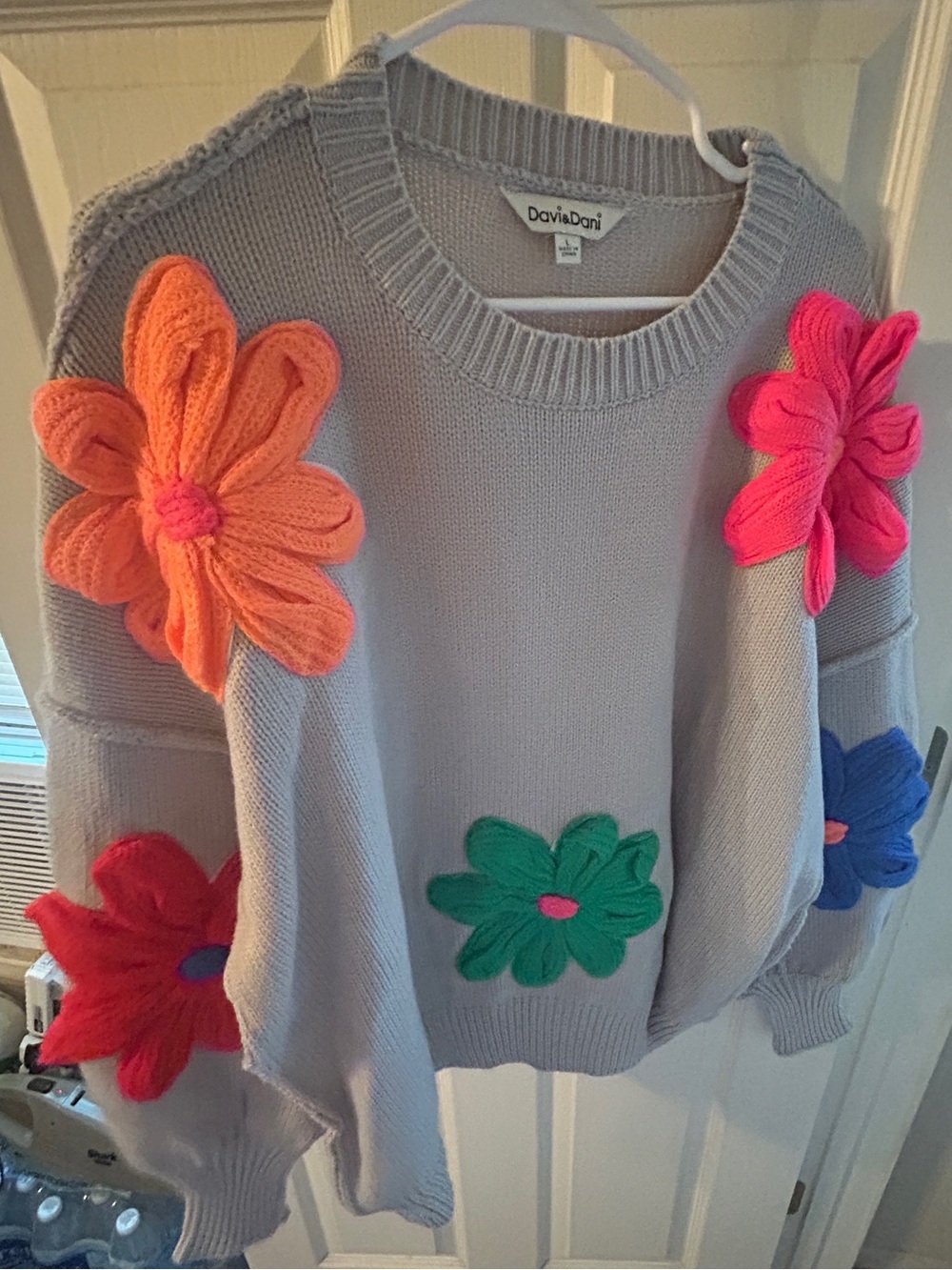 Davi and Dani Gray Chunky Sweater with Bright Flower Appliqués